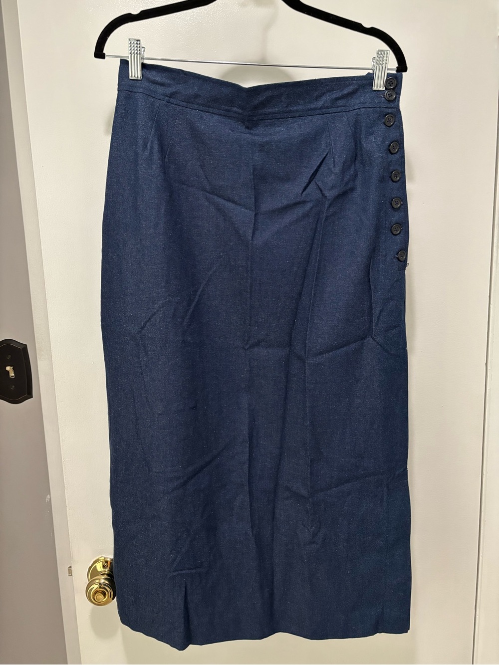 Evan Picone Navy Midi Jean Skirt with Side Button Detail Size 14
